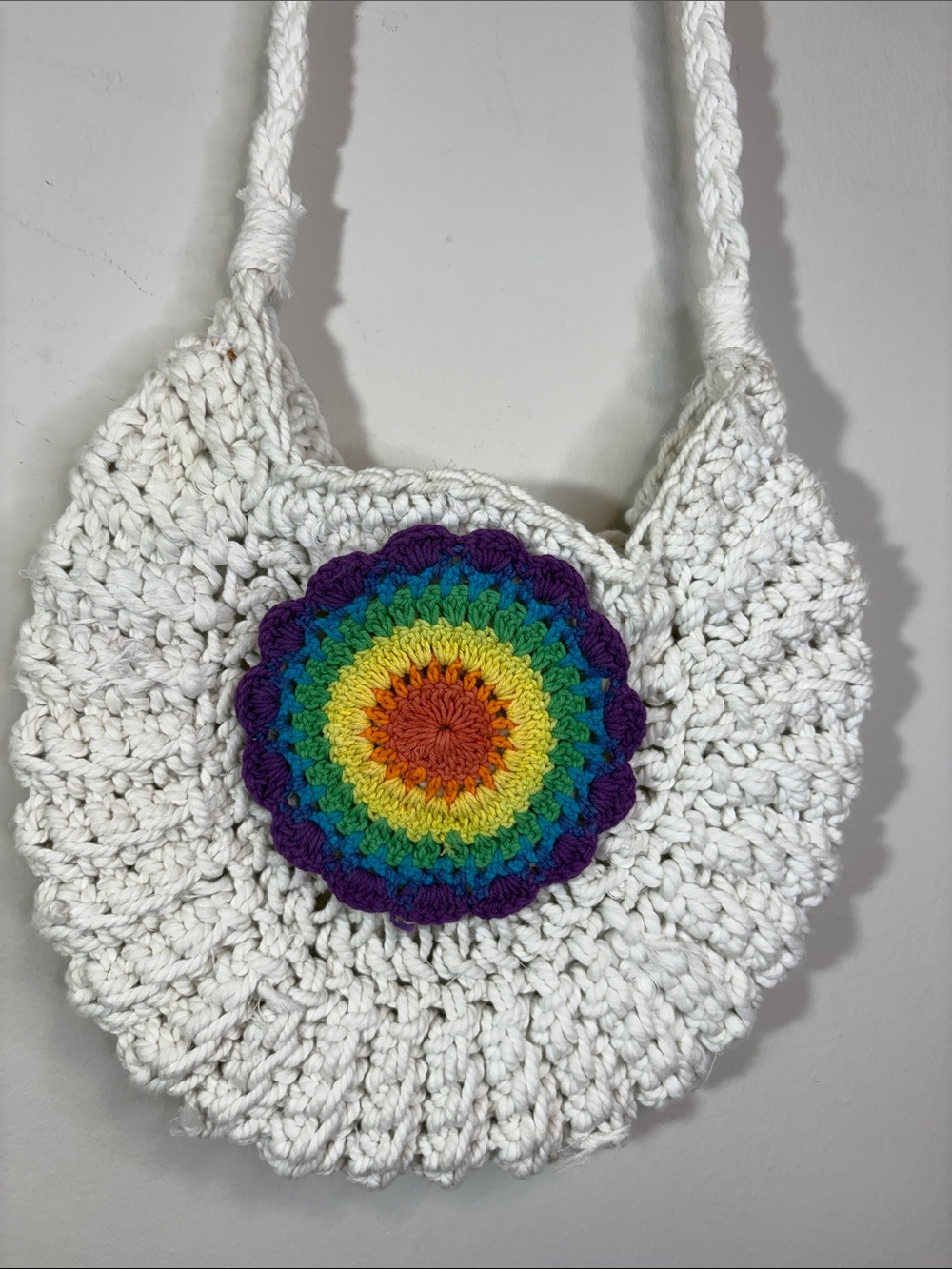 Rainbow Mandala Medallion Crochet Macrame Knit Woven Handmade Crossbody Bag
